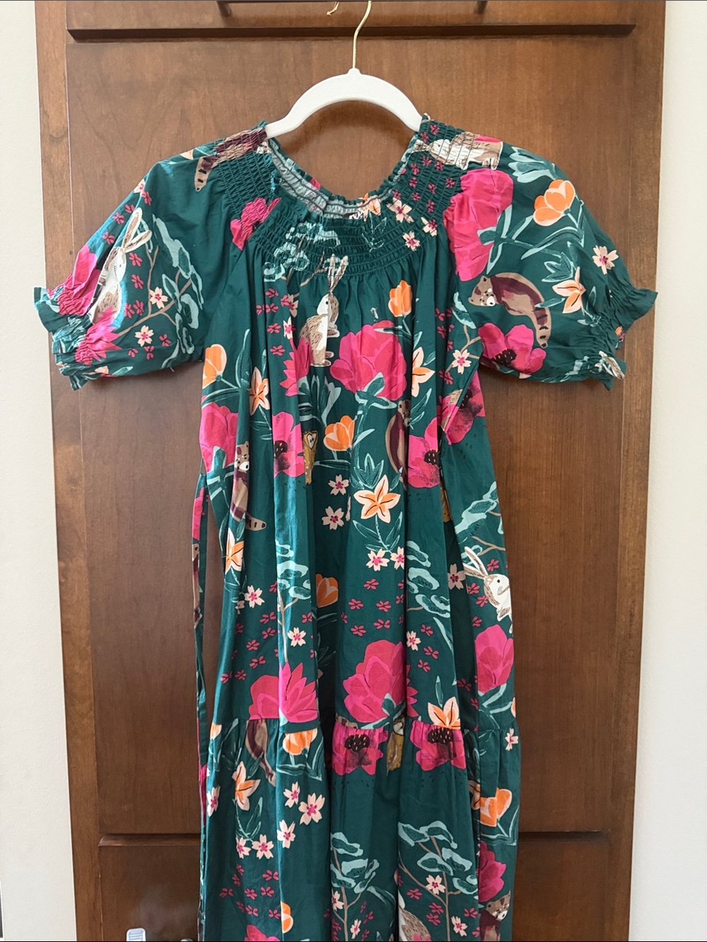 Tea Collection Teal Floral and Pink Puff Sleeve Dress